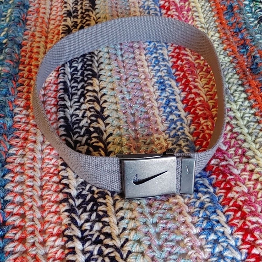 Nike Light Gray Web Belt with Silver Swoosh Buckle